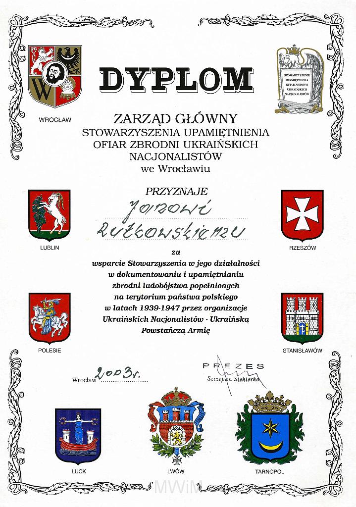 KKE 3229.jpg - Dyplom, Jana Rutkowskiego za  wsparcie Stowarzyszenia, Wrocław, 2003 r.